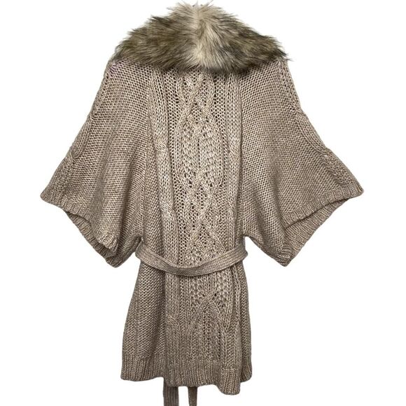 Loft Acrylic Wool Alpaca Chunky Knit Cardigan Sweater Faux Fur Collar Tan/Cream - Picture 6 of 12